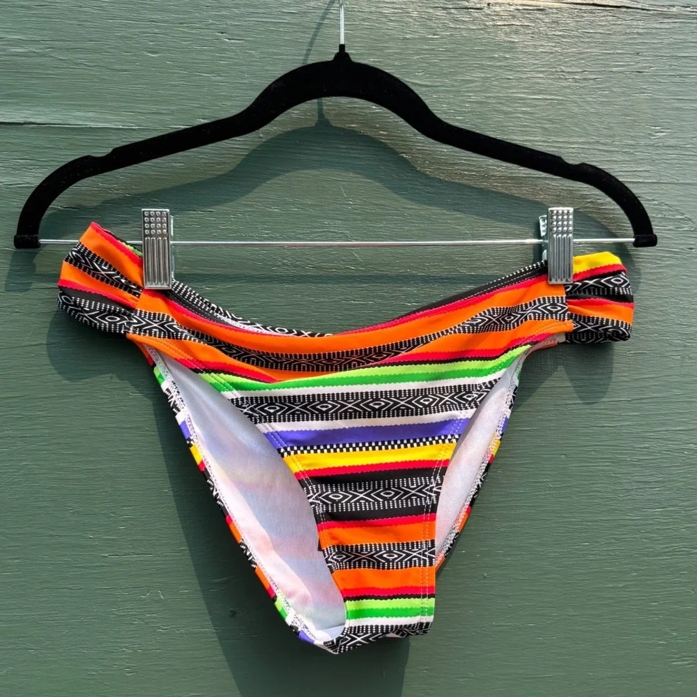 Colorful Stripe Tribal Print Push Up Halter Bikini Set Neon Multi Medium